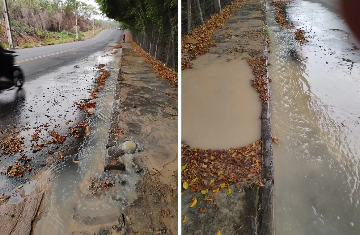 Esgoto estoura no mesmo local, jorra com força e inunda parte de importante rua de desafogo do trânsito